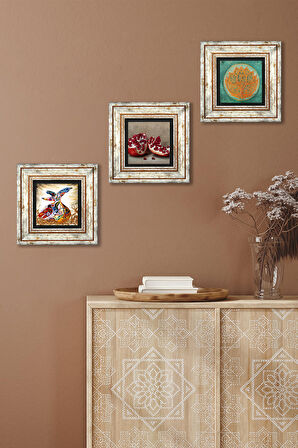 Lotus Çiçeği, Semazen, Nar Taş Duvar Tablosu Çerçeveli Duvar Dekoru 3 Parça Tablo Seti Wall Art