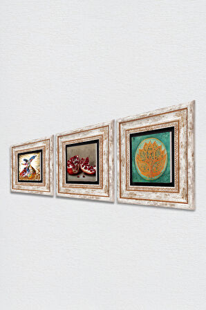 Lotus Çiçeği, Semazen, Nar Taş Duvar Tablosu Çerçeveli Duvar Dekoru 3 Parça Tablo Seti Wall Art