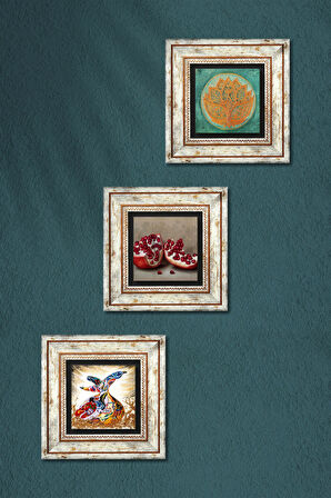 Lotus Çiçeği, Semazen, Nar Taş Duvar Tablosu Çerçeveli Duvar Dekoru 3 Parça Tablo Seti Wall Art