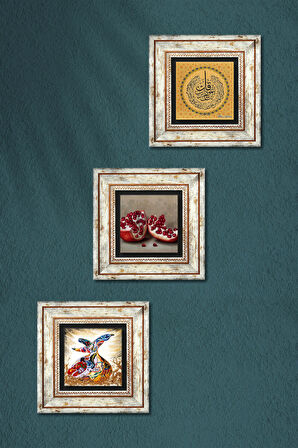 Nas Suresi, Semazen, Nar Taş Duvar Tablosu Çerçeveli Duvar Dekoru 3 Parça Tablo Seti Wall Art