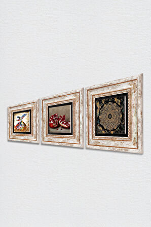 Sri Yantra, Semazen, Nar Taş Duvar Tablosu Çerçeveli Duvar Dekoru 3 Parça Tablo Seti Wall Art