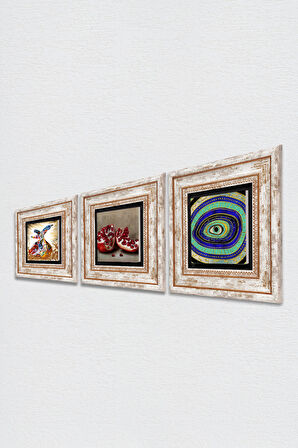 Nazar, Semazen, Nar Taş Duvar Tablosu Çerçeveli Duvar Dekoru 3 Parça Tablo Seti Wall Art