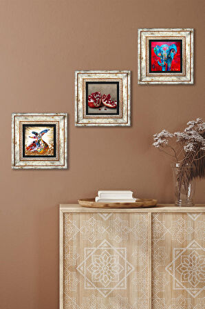 Fil, Semazen, Nar Taş Duvar Tablosu Çerçeveli Duvar Dekoru 3 Parça Tablo Seti Wall Art