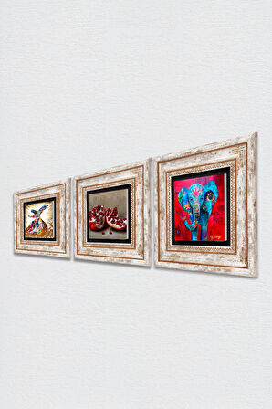Fil, Semazen, Nar Taş Duvar Tablosu Çerçeveli Duvar Dekoru 3 Parça Tablo Seti Wall Art