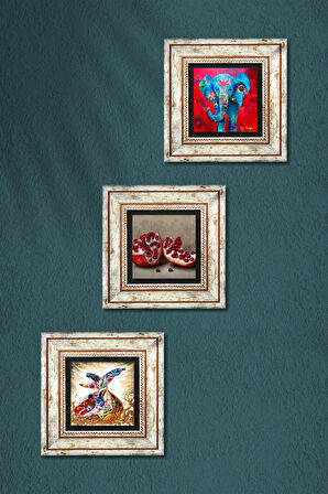 Fil, Semazen, Nar Taş Duvar Tablosu Çerçeveli Duvar Dekoru 3 Parça Tablo Seti Wall Art