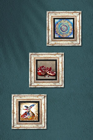 Mandala, Semazen, Nar Taş Duvar Tablosu Çerçeveli Duvar Dekoru 3 Parça Tablo Seti Wall Art