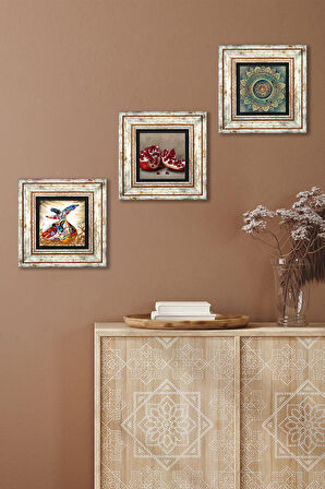 Mandala, Semazen, Nar Taş Duvar Tablosu Çerçeveli Duvar Dekoru 3 Parça Tablo Seti Wall Art