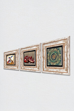 Mandala, Semazen, Nar Taş Duvar Tablosu Çerçeveli Duvar Dekoru 3 Parça Tablo Seti Wall Art