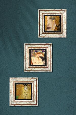 Gustav Klimt Bauer Portre, Altın Gözyaşları, Anne Çocuk Taş Duvar Tablosu Çerçeveli Duvar Dekoru 3 Parça Tablo Seti Wall Art