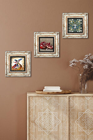 Hayat Ağacı, Semazen, Nar Taş Duvar Tablosu Çerçeveli Duvar Dekoru 3 Parça Tablo Seti Wall Art