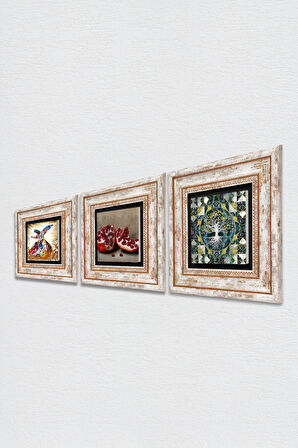 Hayat Ağacı, Semazen, Nar Taş Duvar Tablosu Çerçeveli Duvar Dekoru 3 Parça Tablo Seti Wall Art
