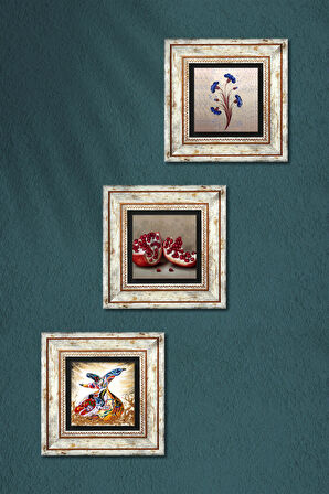 Ebru Sanatı, Semazen, Nar Taş Duvar Tablosu Çerçeveli Duvar Dekoru 3 Parça Tablo Seti Wall Art