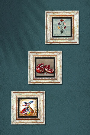 Ebru Sanatı, Semazen, Nar Taş Duvar Tablosu Çerçeveli Duvar Dekoru 3 Parça Tablo Seti Wall Art