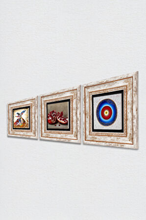 Nazar, Semazen, Nar Taş Duvar Tablosu Çerçeveli Duvar Dekoru 3 Parça Tablo Seti Wall Art