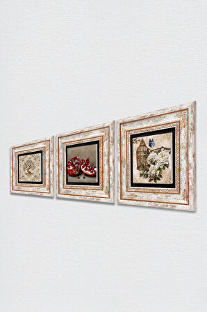 Kelebekli Çiçek, Hayat Ağacı, Nar Taş Duvar Tablosu Çerçeveli Duvar Dekoru 3 Parça Tablo Seti Wall Art
