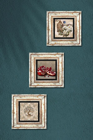 Kelebekli Çiçek, Hayat Ağacı, Nar Taş Duvar Tablosu Çerçeveli Duvar Dekoru 3 Parça Tablo Seti Wall Art