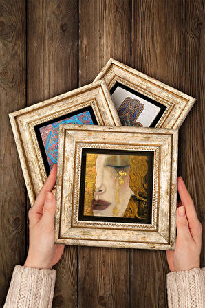 Gustav Klimt Taş Duvar Tablosu Çerçeveli Duvar Dekoru 3 Parça Tablo Seti Wall Art