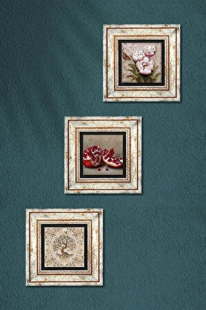 Kelebekli Çiçek, Hayat Ağacı, Nar Taş Duvar Tablosu Çerçeveli Duvar Dekoru 3 Parça Tablo Seti Wall Art