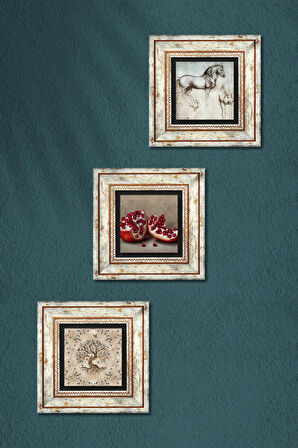 Leonardo da Vinci At Heykeli, Hayat Ağacı, Nar Taş Duvar Tablosu Çerçeveli Duvar Dekoru 3 Parça Tablo Seti Wall Art