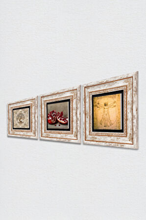Leonardo da Vinci Vitruvius Adamı, Hayat Ağacı, Nar Taş Duvar Tablosu Çerçeveli Duvar Dekoru 3 Parça Tablo Seti Wall Art