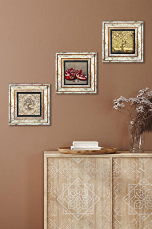 Gustav Klimt Hayat Ağacı, Hayat Ağacı, Nar Taş Duvar Tablosu Çerçeveli Duvar Dekoru 3 Parça Tablo Seti Wall Art