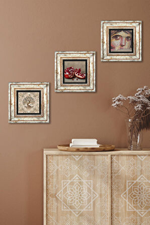 Çingene Kızı Mozaiği, Hayat Ağacı, Nar Taş Duvar Tablosu Çerçeveli Duvar Dekoru 3 Parça Tablo Seti Wall Art