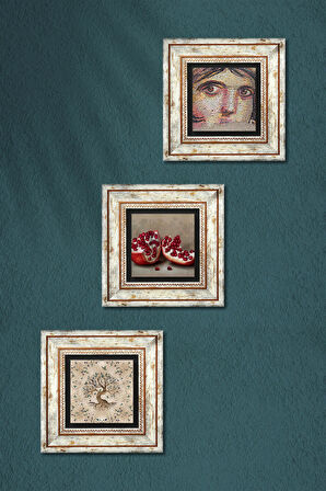 Çingene Kızı Mozaiği, Hayat Ağacı, Nar Taş Duvar Tablosu Çerçeveli Duvar Dekoru 3 Parça Tablo Seti Wall Art