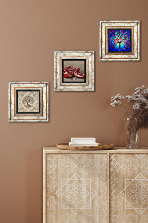 Hayat Ağacı, Nar Taş Duvar Tablosu Çerçeveli Duvar Dekoru 3 Parça Tablo Seti Wall Art