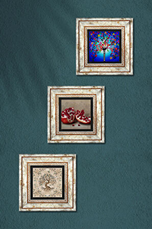 Hayat Ağacı, Nar Taş Duvar Tablosu Çerçeveli Duvar Dekoru 3 Parça Tablo Seti Wall Art