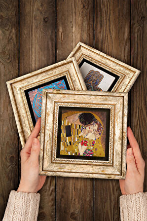 Gustav Klimt Yelpazeli Kadın, Bauer'in Portresi, Öpücük Taş Duvar Tablosu Çerçeveli Duvar Dekoru 3 Parça Tablo Seti Wall Art