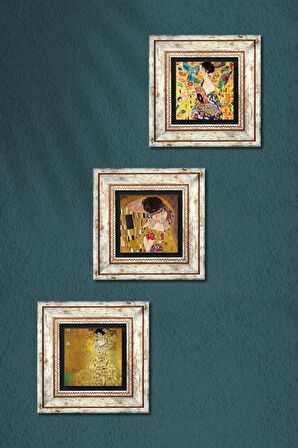 Gustav Klimt Yelpazeli Kadın, Bauer'in Portresi, Öpücük Taş Duvar Tablosu Çerçeveli Duvar Dekoru 3 Parça Tablo Seti Wall Art