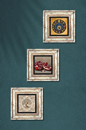 Nazar Boncuğu, Hayat Ağacı, Nar Taş Duvar Tablosu Çerçeveli Duvar Dekoru 3 Parça Tablo Seti Wall Art