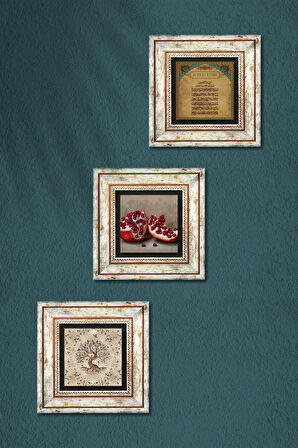 Ayet-el Kürsi, Hayat Ağacı, Nar Taş Duvar Tablosu Çerçeveli Duvar Dekoru 3 Parça Tablo Seti Wall Art