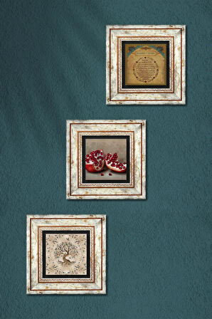 Bereket Duası, Hayat Ağacı, Nar Taş Duvar Tablosu Çerçeveli Duvar Dekoru 3 Parça Tablo Seti Wall Art