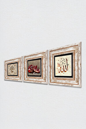 Allah Lafzı, Hayat Ağacı, Nar Taş Duvar Tablosu Çerçeveli Duvar Dekoru 3 Parça Tablo Seti Wall Art