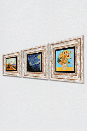 Van Gogh Taş Duvar Tablosu Çerçeveli Duvar Dekoru 3 Parça Tablo Seti Wall Art