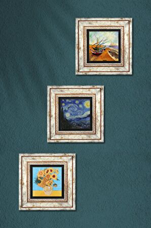 Van Gogh Taş Duvar Tablosu Çerçeveli Duvar Dekoru 3 Parça Tablo Seti Wall Art