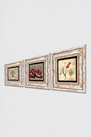 Lale Ebru Sanatı, Hayat Ağacı, Nar Taş Duvar Tablosu Çerçeveli Duvar Dekoru 3 Parça Tablo Seti Wall Art