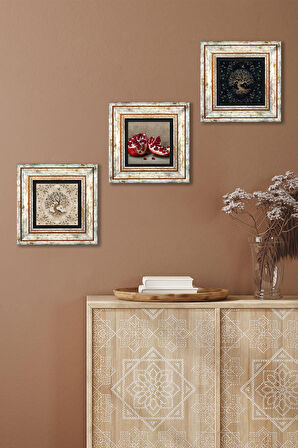 Hayat Ağacı, Nar Taş Duvar Tablosu Çerçeveli Duvar Dekoru 3 Parça Tablo Seti Wall Art