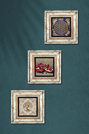 Yaşam Çiçeği, Hayat Ağacı, Nar Taş Duvar Tablosu Çerçeveli Duvar Dekoru 3 Parça Tablo Seti Wall Art