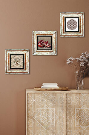 Yaşam Çiçeği, Hayat Ağacı, Nar Taş Duvar Tablosu Çerçeveli Duvar Dekoru 3 Parça Tablo Seti Wall Art