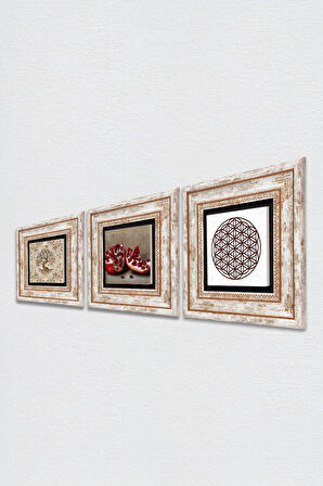 Yaşam Çiçeği, Hayat Ağacı, Nar Taş Duvar Tablosu Çerçeveli Duvar Dekoru 3 Parça Tablo Seti Wall Art