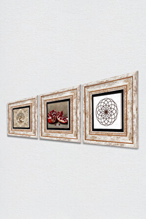 Yaşam Çiçeği, Hayat Ağacı, Nar Taş Duvar Tablosu Çerçeveli Duvar Dekoru 3 Parça Tablo Seti Wall Art