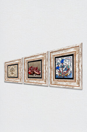 Çini Sanatı Yelkenli Gemi, Hayat Ağacı, Nar Taş Duvar Tablosu Çerçeveli Duvar Dekoru 3 Parça Tablo Seti Wall Art