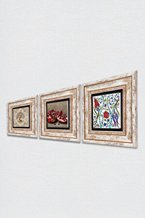 Çini Sanatı Lale, Hayat Ağacı, Nar Taş Duvar Tablosu Çerçeveli Duvar Dekoru 3 Parça Tablo Seti Wall Art