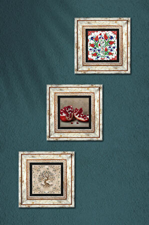 Çini Sanatı Lale, Hayat Ağacı, Nar Taş Duvar Tablosu Çerçeveli Duvar Dekoru 3 Parça Tablo Seti Wall Art