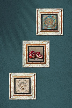 Yaşam Çiçeği, Hayat Ağacı, Nar Taş Duvar Tablosu Çerçeveli Duvar Dekoru 3 Parça Tablo Seti Wall Art