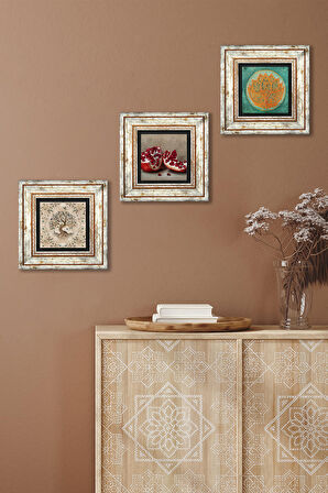 Lotus Çiçeği, Hayat Ağacı, Nar Taş Duvar Tablosu Çerçeveli Duvar Dekoru 3 Parça Tablo Seti Wall Art