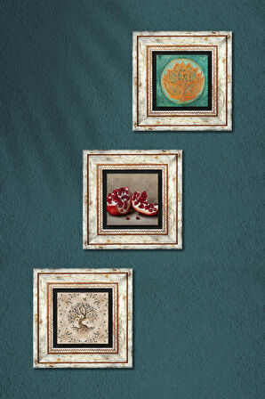 Lotus Çiçeği, Hayat Ağacı, Nar Taş Duvar Tablosu Çerçeveli Duvar Dekoru 3 Parça Tablo Seti Wall Art