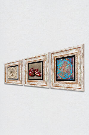 Yaşam Çiçeği, Hayat Ağacı, Nar Taş Duvar Tablosu Çerçeveli Duvar Dekoru 3 Parça Tablo Seti Wall Art
